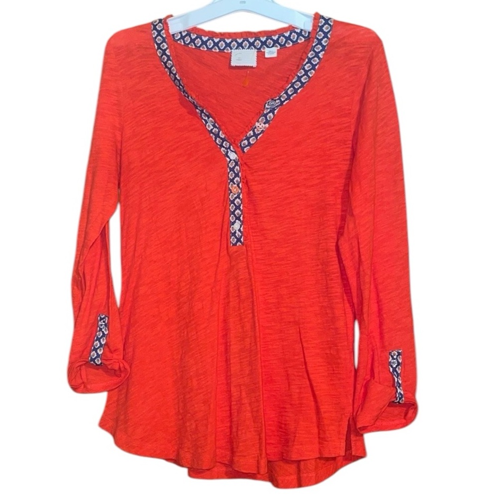 •POSTMARK•BY ANTHROPOLOGIE TOMATO ORANGE V NECK BUTTON NAVY FLORAL TRIM TOP XS
